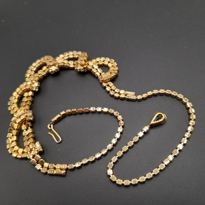 Vintage Looped Clear Rhinestone Necklace, Gold Tone, 1950s