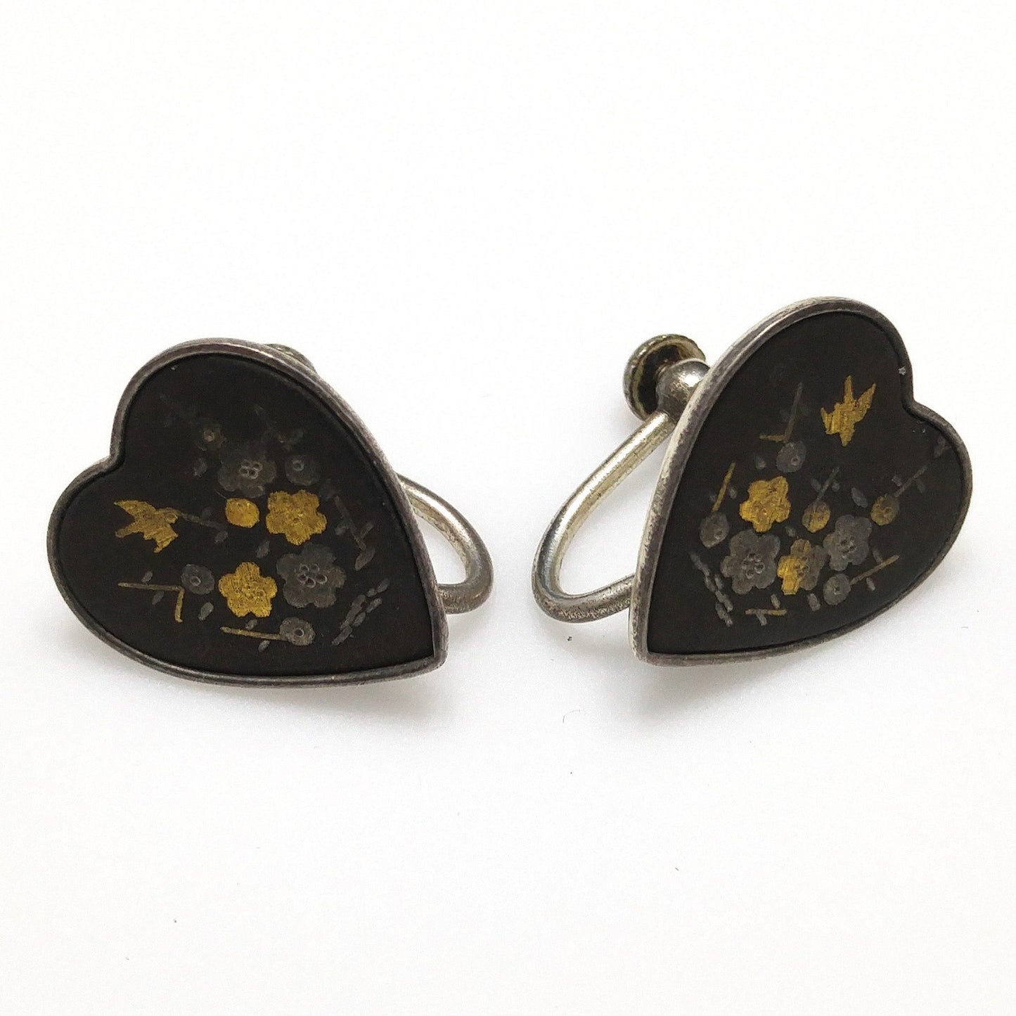 Japanese Damascene Silver Jewelry, Bracelet Brooch Earrings, 1940s Vintage Jewelry