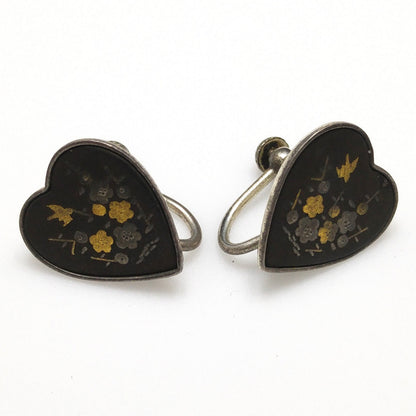 Japanese Damascene Silver Jewelry, Bracelet Brooch Earrings, 1940s Vintage Jewelry