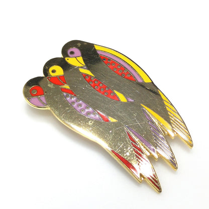 Laurel Burch "Perico" Brooch, Gold Plated Parakeets, Cloisonné Birds, 1980s Vintage Jewelry