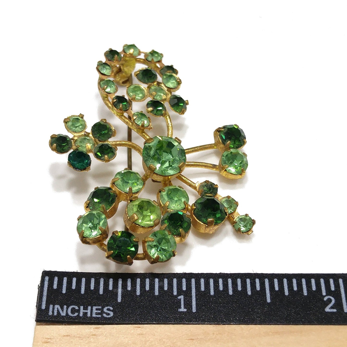 Vintage 1950s Austrian Green Rhinestone & Uranium Glass Brooch – Floral Design