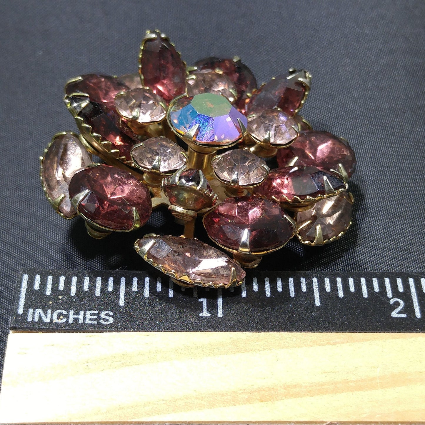 Purple & Lavender Floral Brooch, Aurora Borealis Center, 1950s Vintage Jewelry
