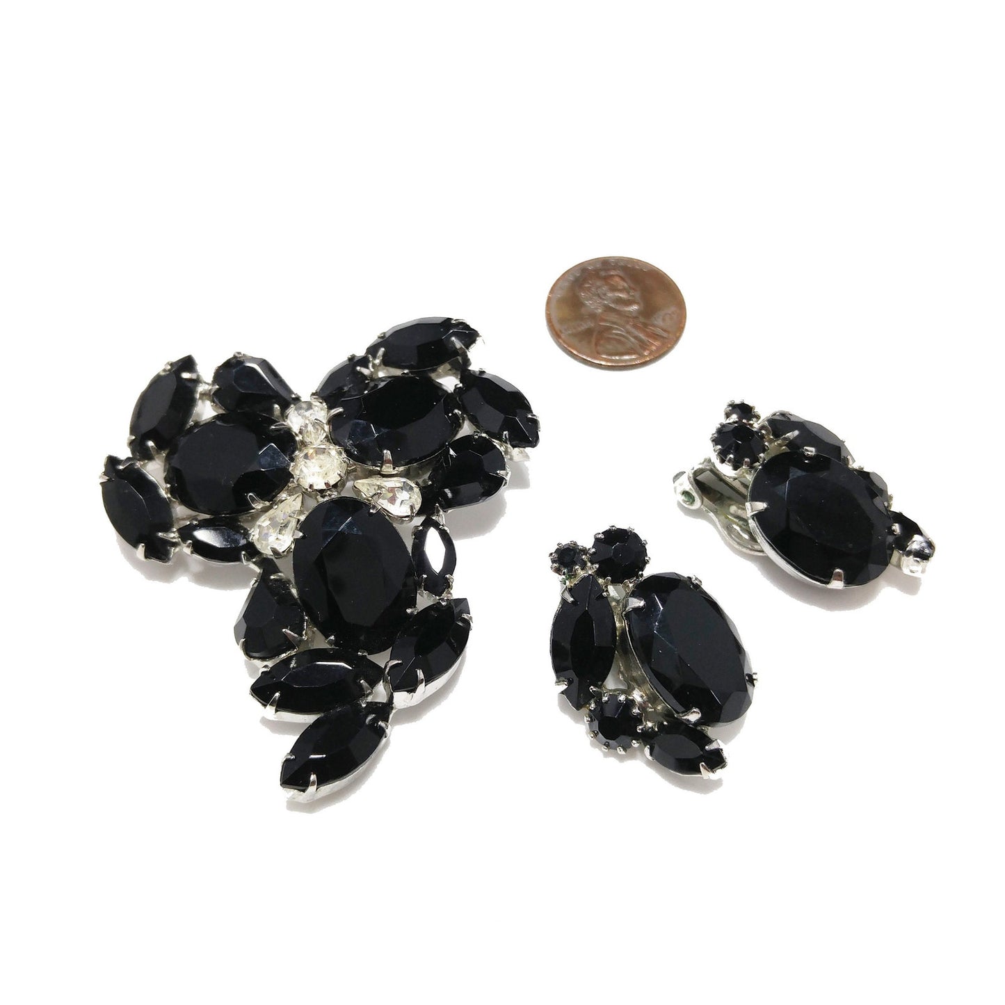 Vintage Weiss Black & Clear Rhinestone Brooch and Earrings Set, Rhodium Plated