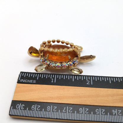Turtle Brooch, Juliana Style Open Back Rhinestones, Gold Plated, 1960s Vintage Jewelry