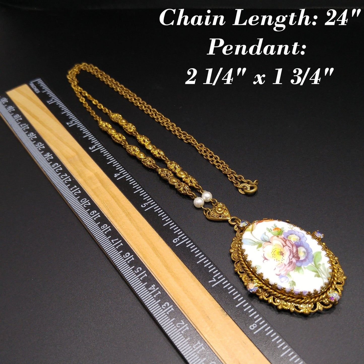 Western Germany Purple Floral Pendant Necklace, Filigree Rhinestones Faux Pearls, 1950s Vintage Jewelry