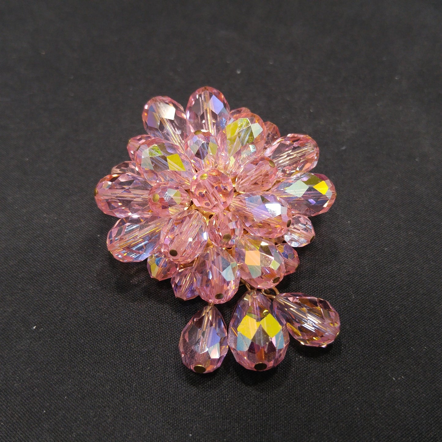 Pink Aurora Borealis Beaded Brooch, Three Bead Dangles, 1960s Vintage Jewelry
