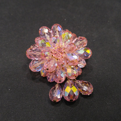 Pink Aurora Borealis Beaded Brooch, Three Bead Dangles, 1960s Vintage Jewelry