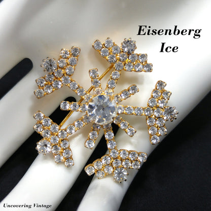 Eisenberg Ice Snowflake Brooch, Clear Rhinestones, Gold Plated, Vintage Jewelry