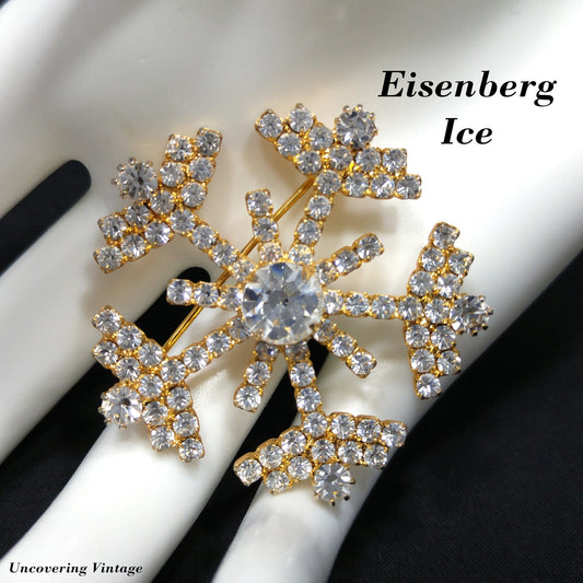 Eisenberg Ice Snowflake Brooch, Clear Rhinestones, Gold Plated, Vintage Jewelry