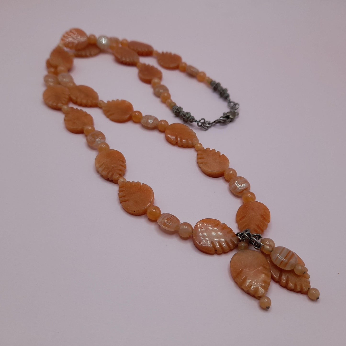 Vintage Carnelian Leaf Necklace, Gemstone Tassel Necklace, 27 Inches, Three Dangles