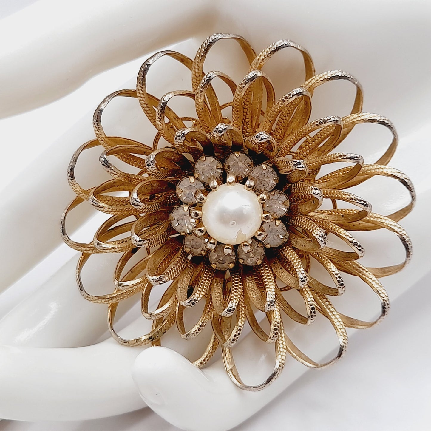Vintage 1950s Gold Tone Floral Brooch, Faux Pearl Rhinestone Center, Mid-Century Jewelry