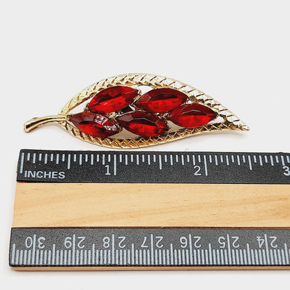 Vintage 1950s Red Rhinestone Leaf Brooch Gold Tone 2.5 Inch Unsigned