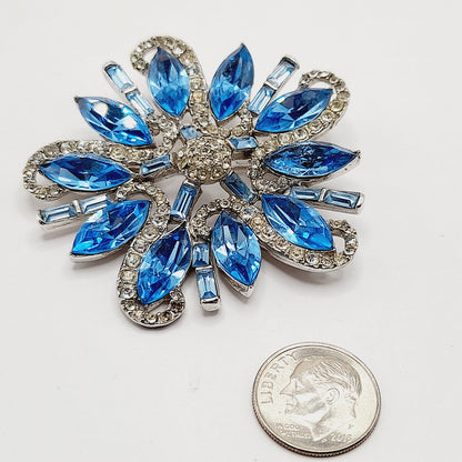 Vintage Rhodium Plated Blue Clear Rhinestone Floral Brooch – 2 1/4 Inches