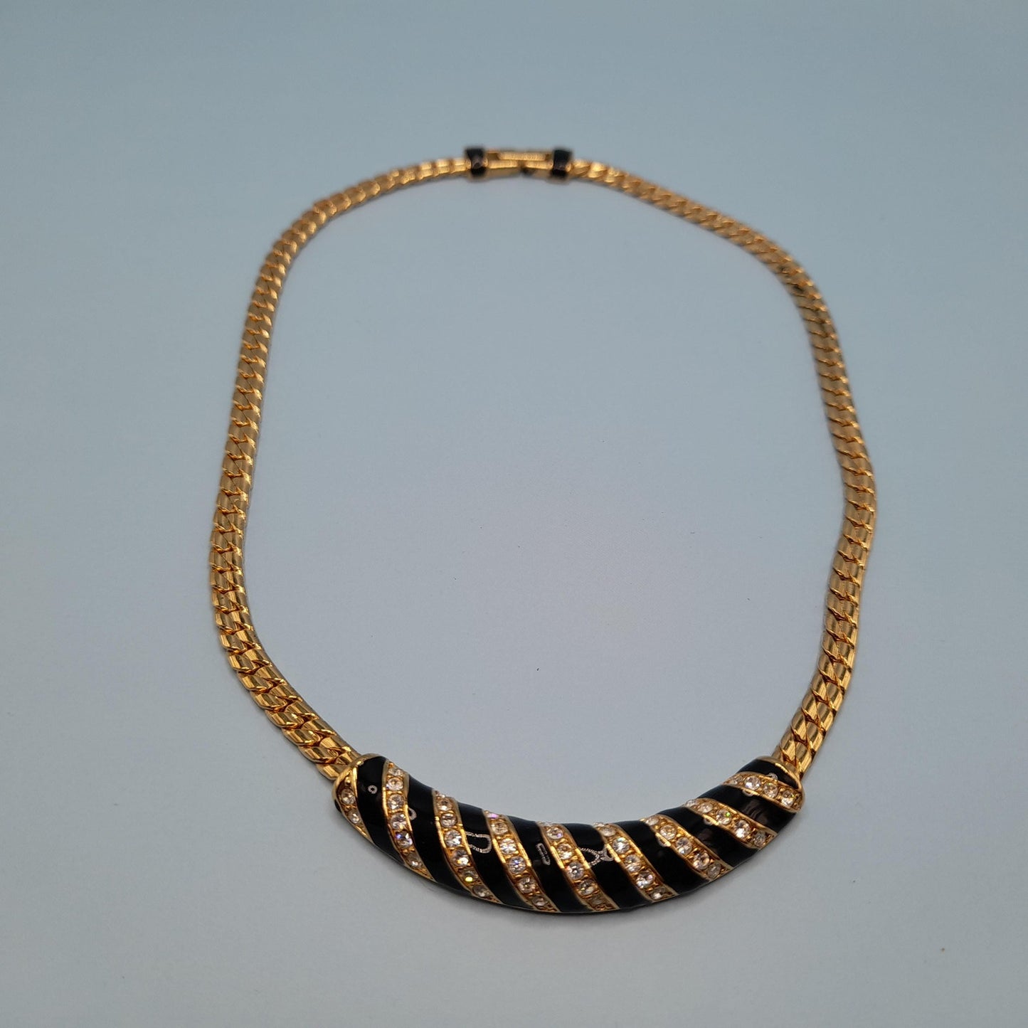 Vintage Swarovski Swan Logo Necklace – Gold Plated Black Enamel Crystal 1980s
