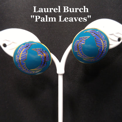 Vintage Laurel Burch "Palm Leaves" Teal Lavender Post Earrings, Gold Plated