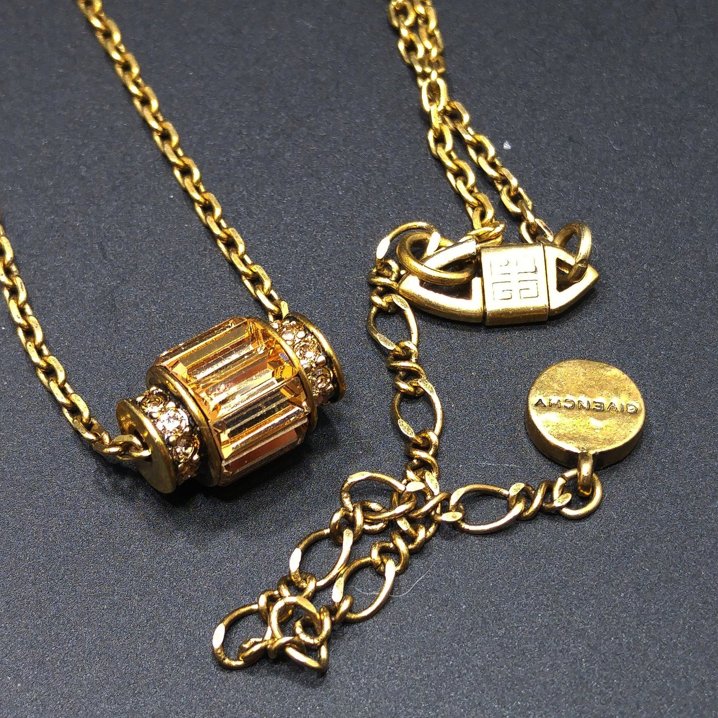 Vintage Givenchy Barrel Pendant Necklace, Topaz & Clear Rhinestones, 1990s