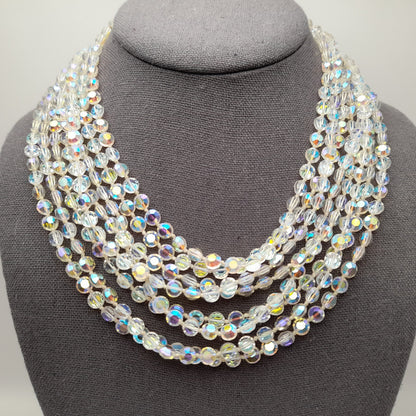 Vintage Flat Crystal Eight Strand Necklace, Hand-knotted, Aurora Borealis