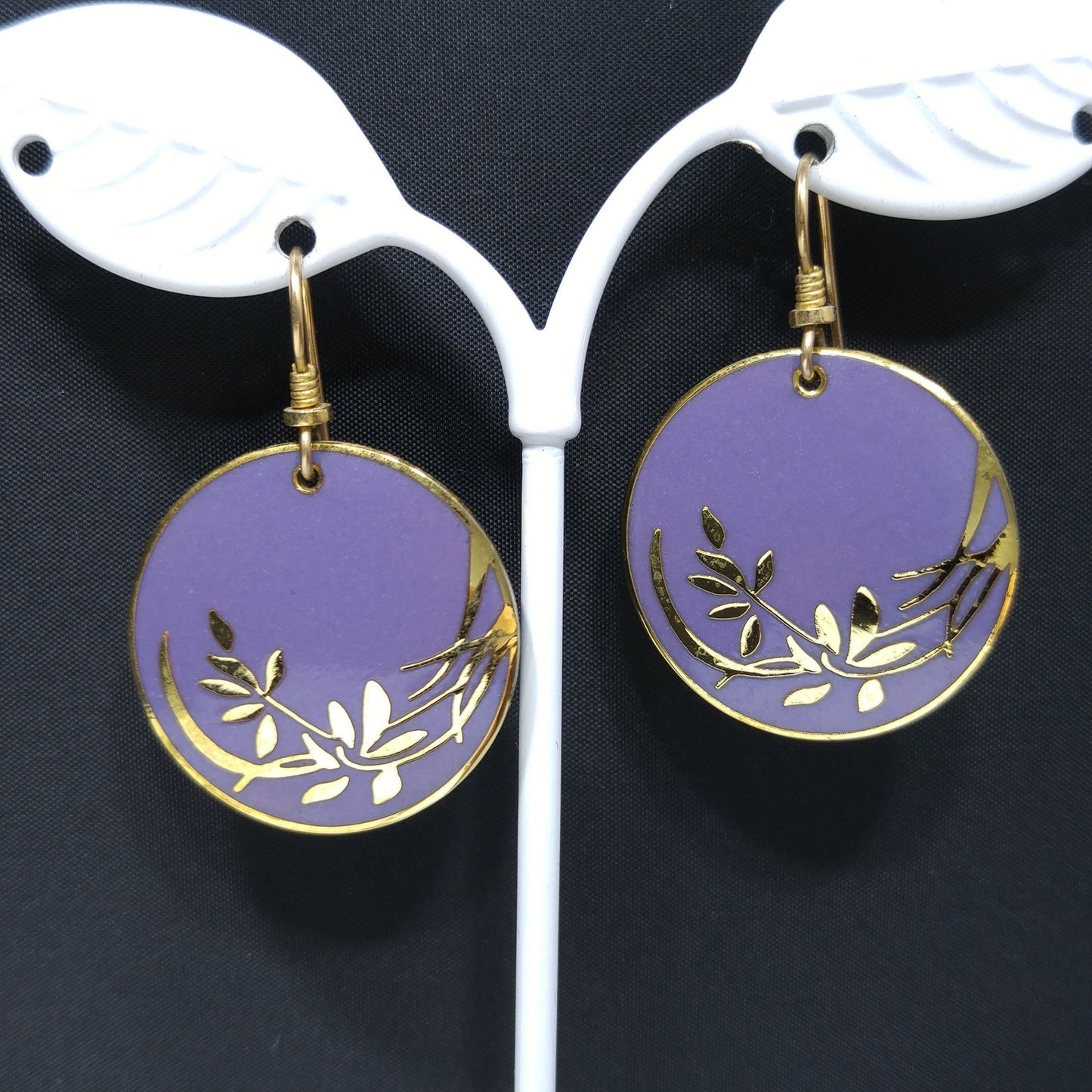 Vintage Laurel Burch Lavender Floral Earrings, Gold Plated Cloisonne
