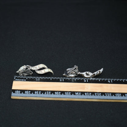 Bogoff Clear Rhinestone Clip Dangle Earrings, Rhodium Plated, Wedding Earrings, 1950s Vintage Jewelry