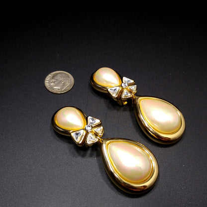 Vintage Christian Dior Large Faux Pearl Dangle Clip Earrings, Gold Plated, 1980s