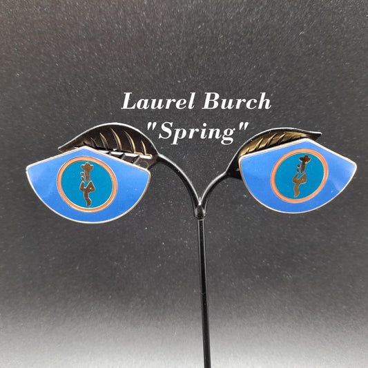 Vintage Laurel Burch Large Fan Post Earrings, Gold Plated, "Spring" Design