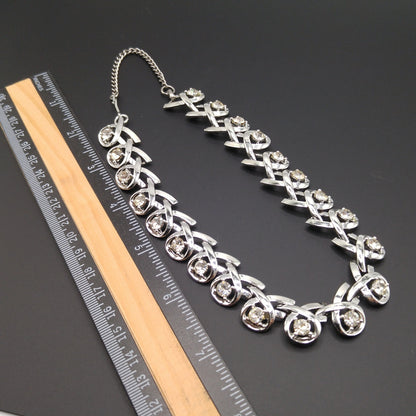 Clear Rhinestone Choker Necklace, Rhodium Plated, 1960s Vintage Jewelry