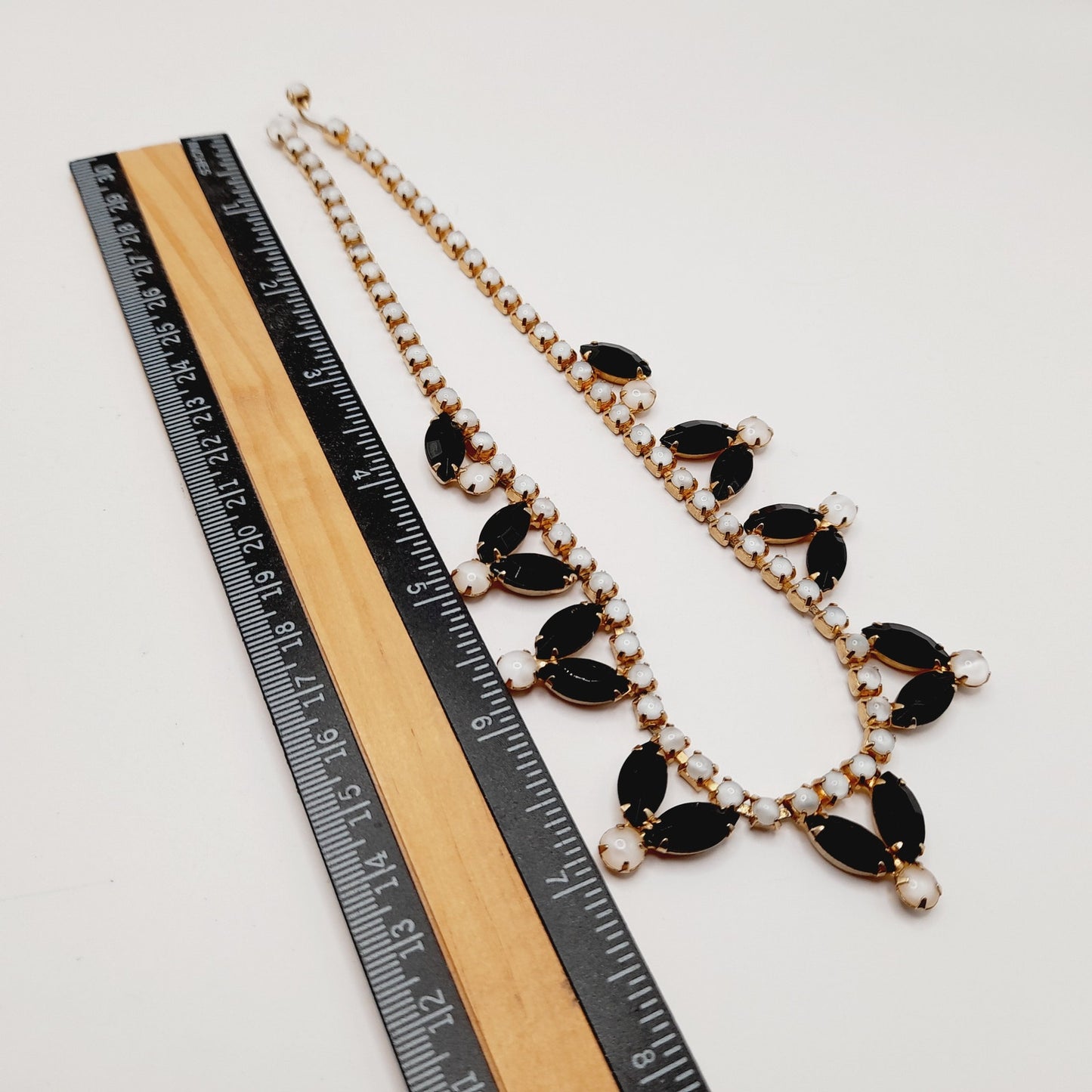 Vintage Black Rhinestones Milky White Cabs Gold Plated Choker Necklace, 1960s