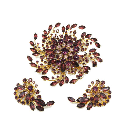 Mid-century Large Purple Rhinestone Brooch & Earrings, Floral Design, 1950s Vintage Jewelry