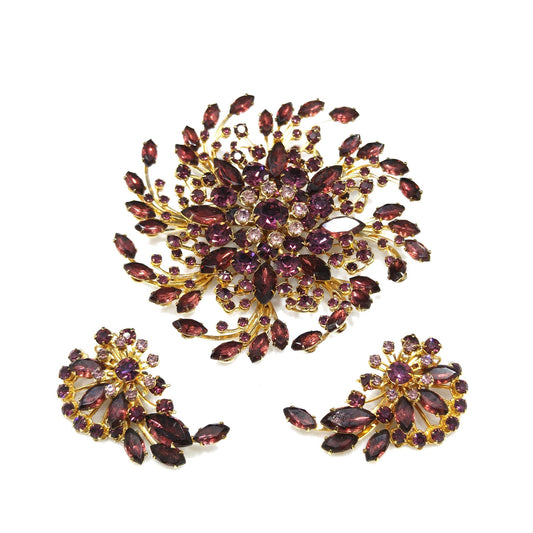 Mid-century Large Purple Rhinestone Brooch & Earrings, Floral Design, 1950s Vintage Jewelry