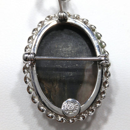 Abalone Shell Cameo Pendant Brooch, 925 Silver Necklace, 1970s Vintage Jewelry