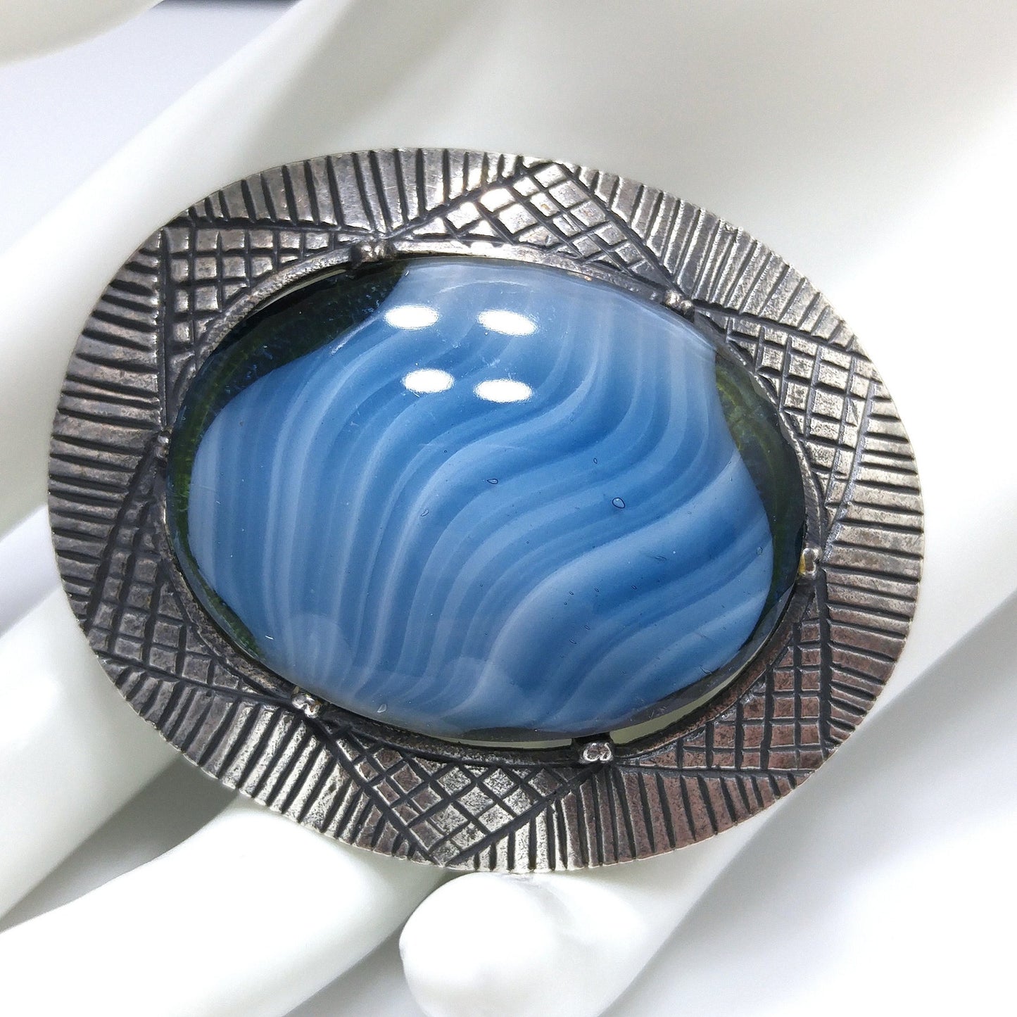 Corocraft Blue Art Glass Brooch, Silver Etched Frame, 1940s Vintage Jewelry