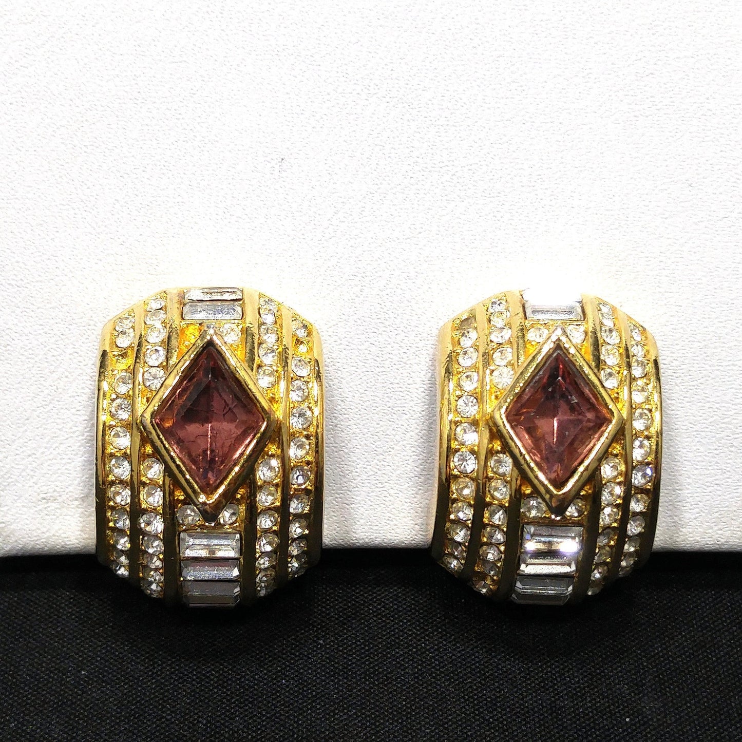 Vintage Christian Dior Earrings – 1980s Gold Plated Half Hoop Pave Rhinestone & Purple Crystal – Signed Chr. Dior Pat. 2733491