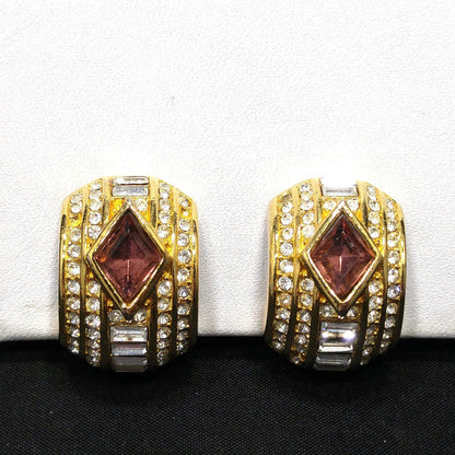 Vintage Christian Dior Earrings – 1980s Gold Plated Half Hoop Pave Rhinestone & Purple Crystal – Signed Chr. Dior Pat. 2733491