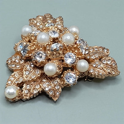Vintage Hattie Carnegie Brooch, Faux Pearls, Pave Larger Rhinestones, Gold Plated, 1950s