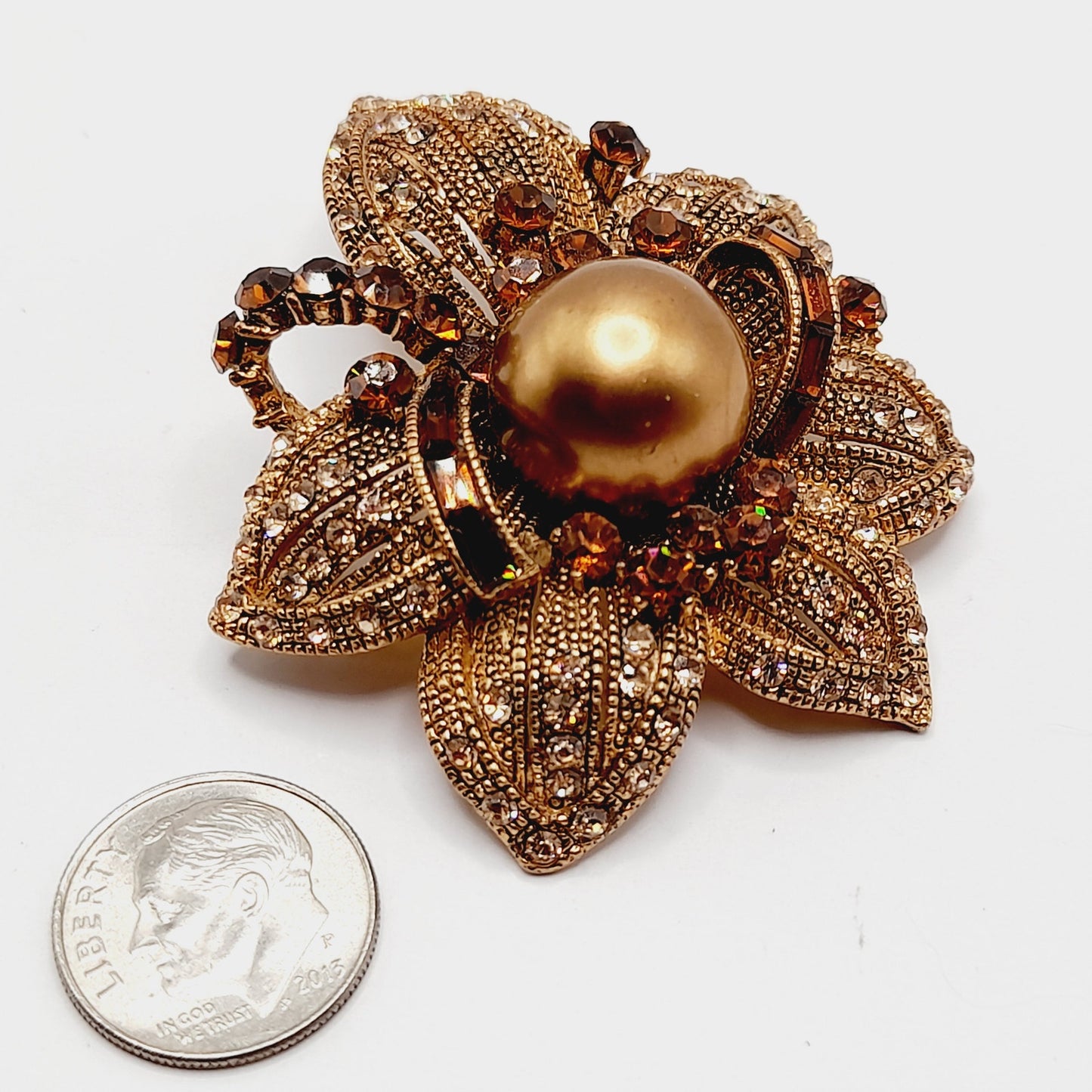 Vintage BJ Rhinestone Faux Pearl Flower Brooch or Pendant - 2 1/4 Inches