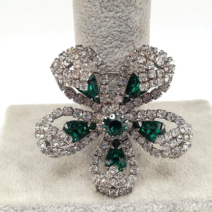 Kramer Floral Brooch, Emerald Green Rhinestones, Rhodium Plated 1960s Vintage Jewelry