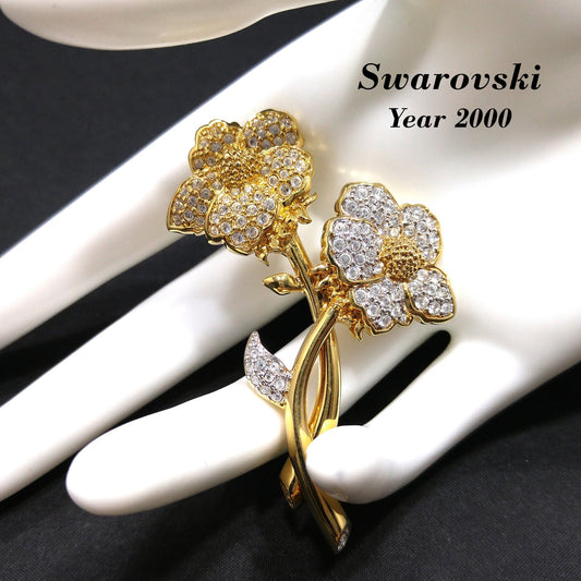 Vintage Swarovski Year 2000 Two Flower Brooch – Gold Plated with Clear Rhinestones