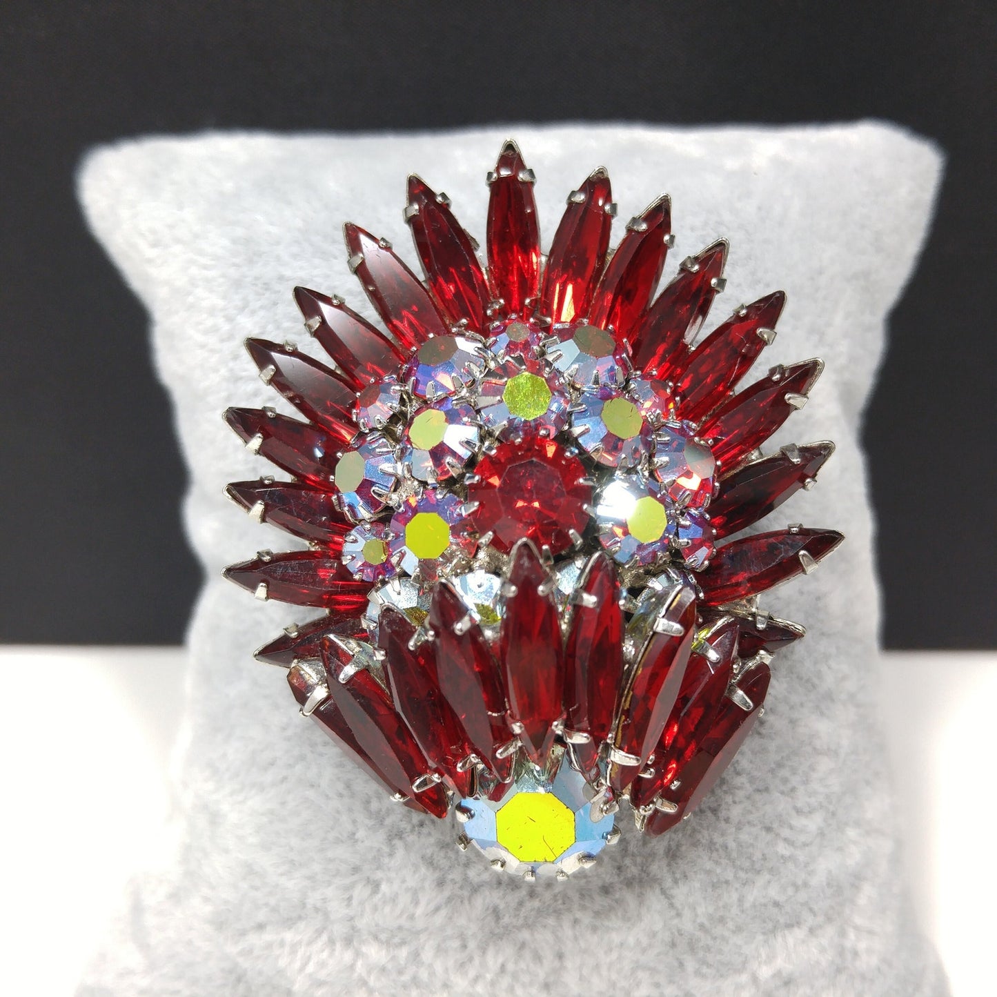 Ruby Red Rhinestone Navette Brooch, Unsigned Designer Beauty, Rhodium Plated, 1960s Vintage Jewelry