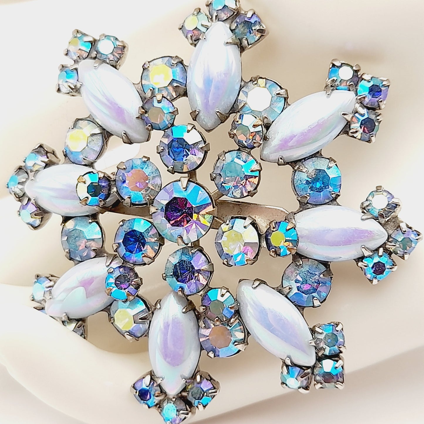 Vintage Blue Aurora Borealis Snowflake Brooch Pin