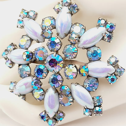 Vintage Blue Aurora Borealis Snowflake Brooch Pin
