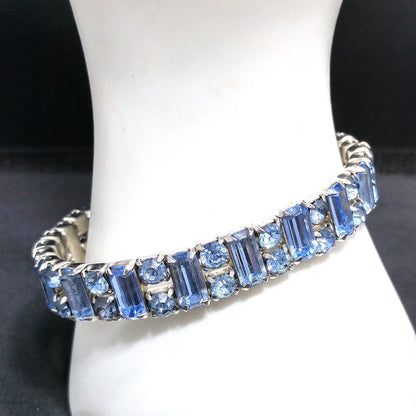 Vintage Weiss Light Blue Rhinestone Cuff Bracelet, Rhodium Plated, 1960s