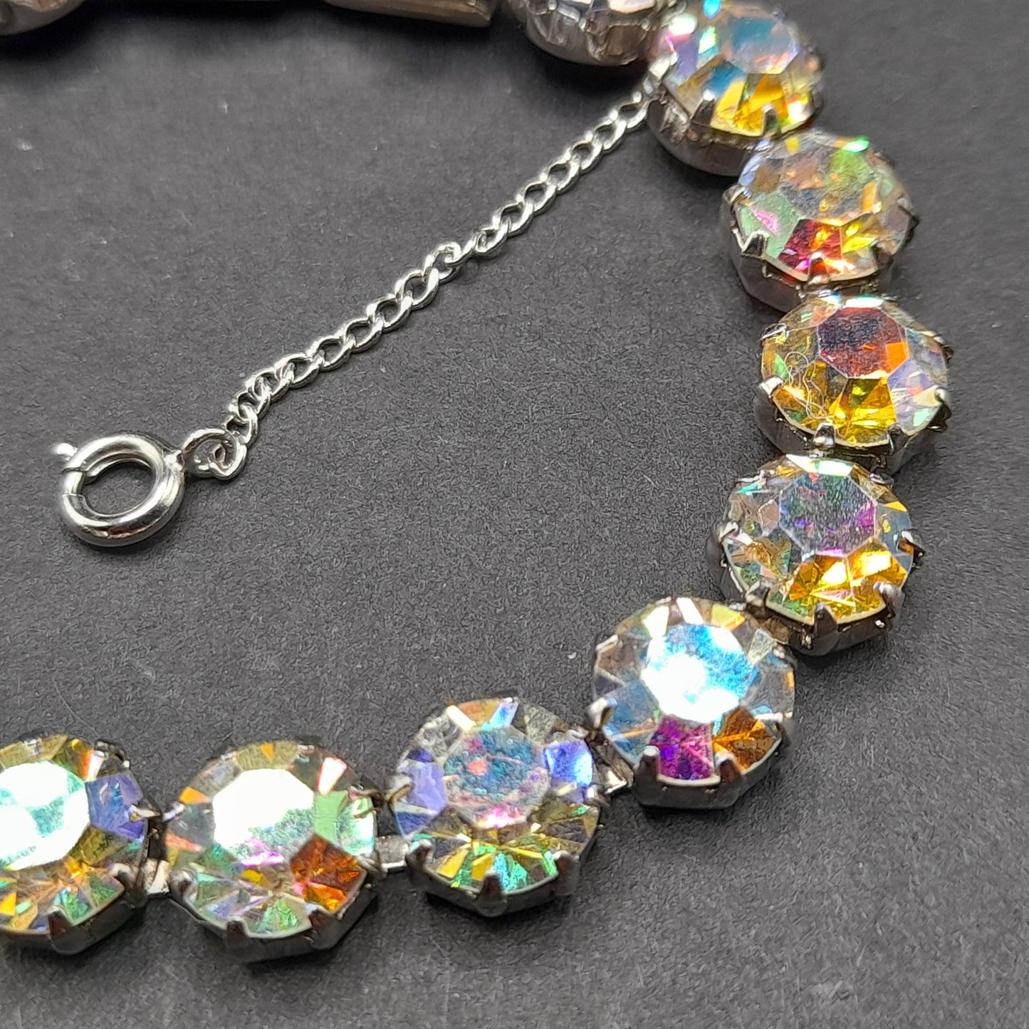 Weiss Style Aurora Borealis Crystal Bracelet, Rhodium Plated, Safety Chain, Vintage Jewelry