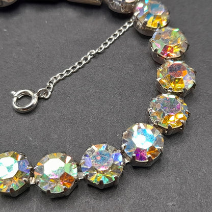 Weiss Style Aurora Borealis Crystal Bracelet, Rhodium Plated, Safety Chain, Vintage Jewelry