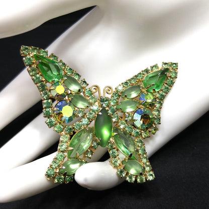Vintage Weiss Peridot Green Rhinestone Butterfly Brooch, Uranium Glass, Gold Plated, 1950s