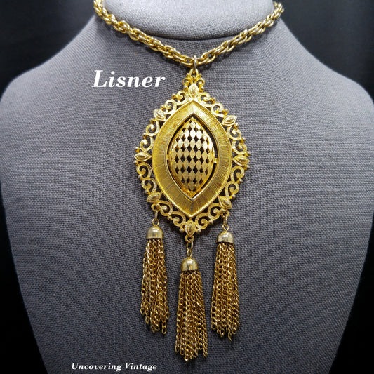 Lisner Long Pendant Necklace, Three Tassel Pendant, 1960s Vintage Jewelry