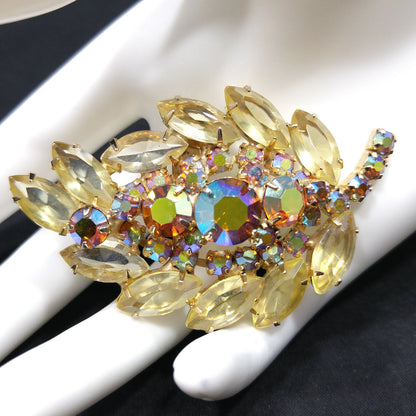 Yellow & Topaz Aurora Borealis Rhinestone Leaf Brooch, Open Back Stones, Gold Plated, 1960s Vintage Jewelry