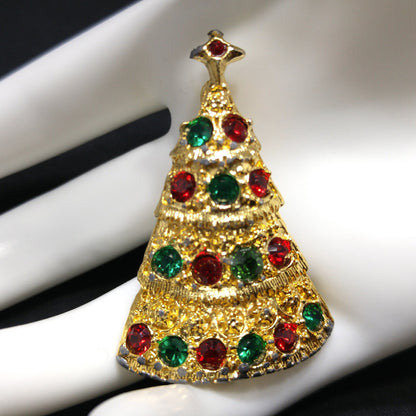 Eisenberg Ice Christmas Tree Brooch Red Green Rhinestones Gold Vintage