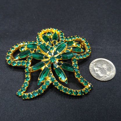Green Rhinestone Floral Brooch, Gold Plated, 1960s Vintage Jewelry