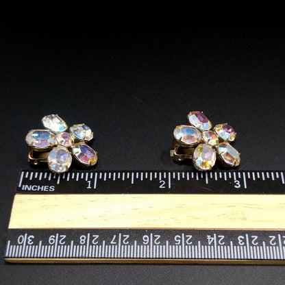 Weiss Aurora Borealis Clear Rhinestone Earrings, Flower Clip Earrings, 1950s Vintage Jewelry
