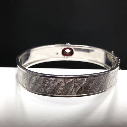 Emerald Cut Red Rhinestone Hinged Bracelet, Silver Tone, 1970s Vintage Jewelry